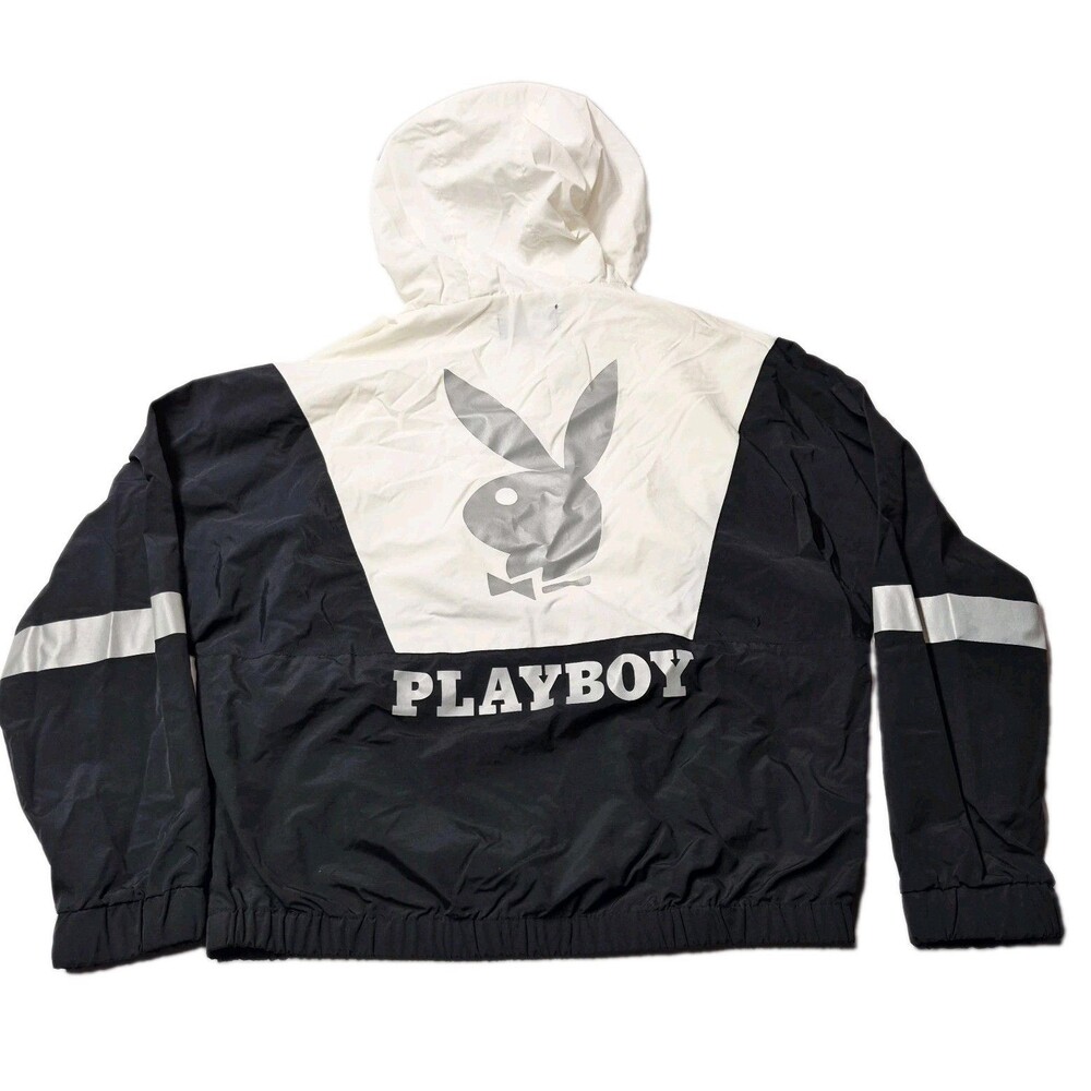 Playboy PacSun Reflective Windbreaker Jacket Mens M Colorblock Anorak Hooded EUC